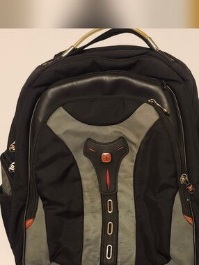 SwissGear Men's Black and Gray Travel Backpack with Red Accents